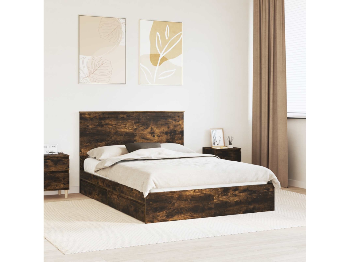 Vidaxl Cama Com Armazenamento Carvalho Defumado 135 X 190 Cm