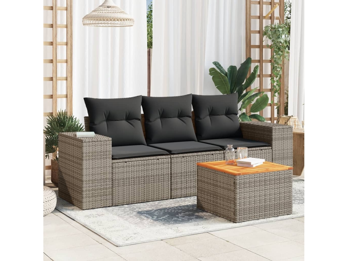 Vidaxl 4 Pcs Conjunto Sofás De Jardim C/ Almofadões Vime Pe Cinzento