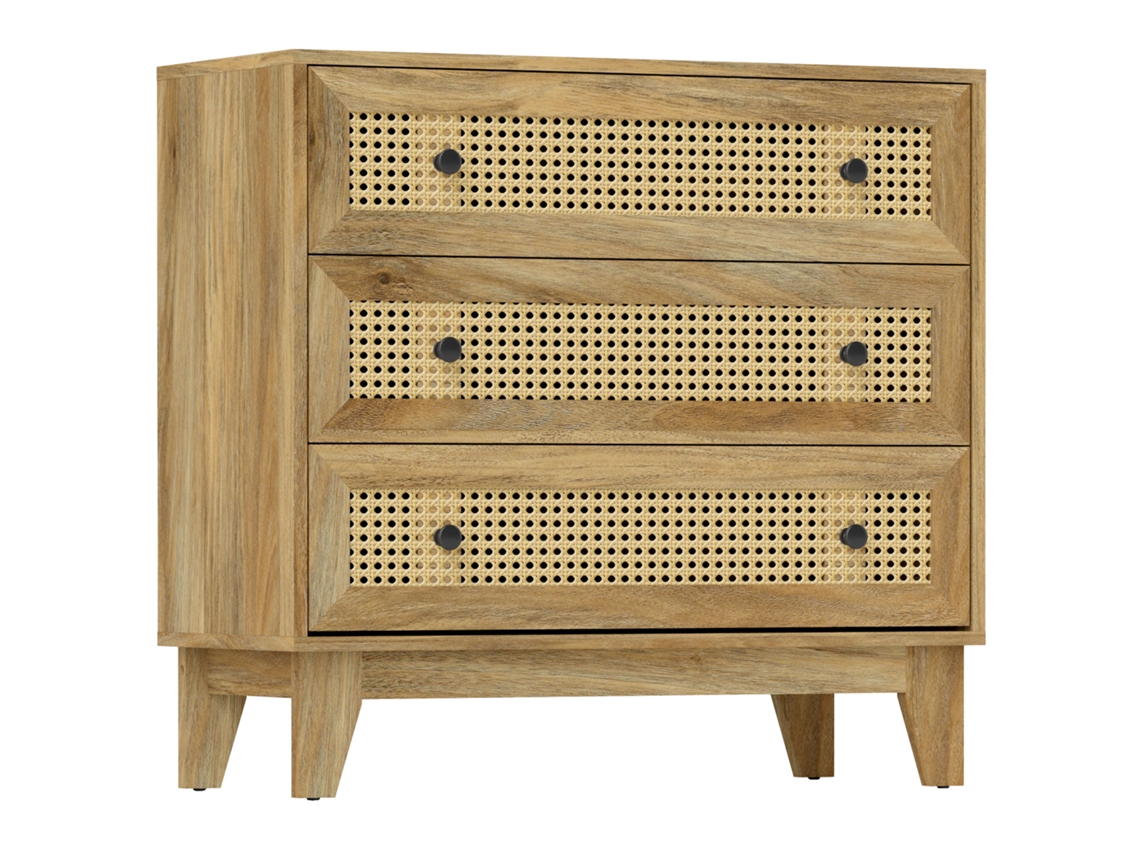 Cômoda 3 Gavetas Rattan Madeira Clara