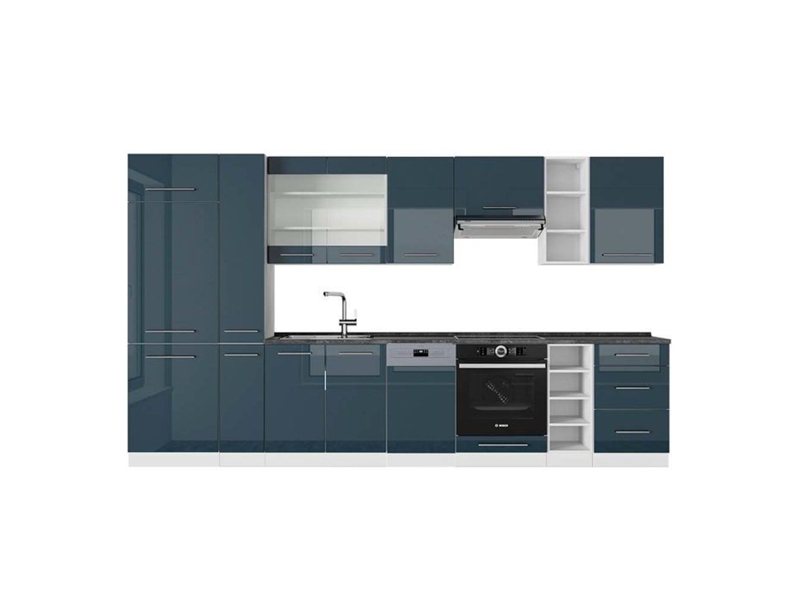 Cozinha Fame-Line, 355 cm, PT Antracite, azul escuro brilhante/branco VICCO