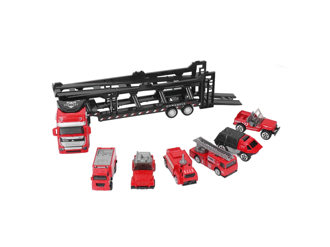 Ats camión Transportador de Coches de 32 Cm para Niños com 6 Pequeños Coches, Camión de Bomberos Retratsil Separável para Colecionar