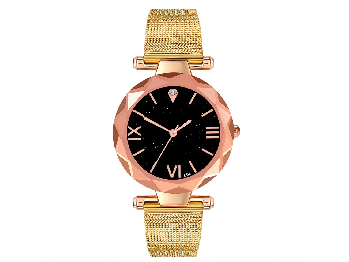 Relógio de Pulso Feminino de Quartzo com Números Romanos e Dial Estrelar Redondo (ouro)