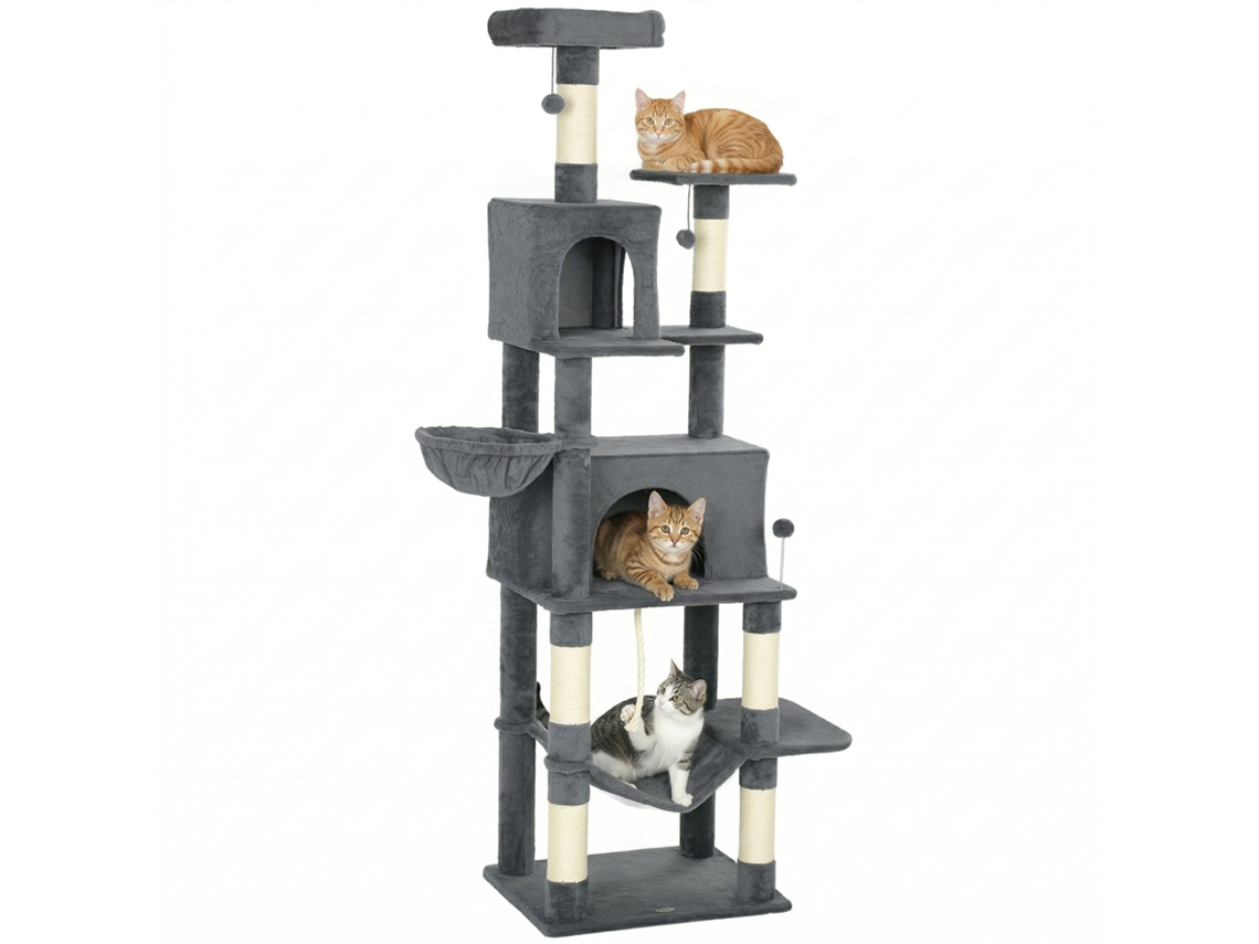 Arranhador Gatos para com Plataformas Plataformas Caverna Postes de Sisal Bolas e Corda para Brincar 60x48x202 Cm Cinza