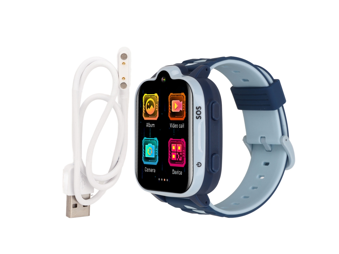 Smartwatch infantil 4G com GPS, videochamadas, à prova d'água IP67 e tela sensível ao toque azul.