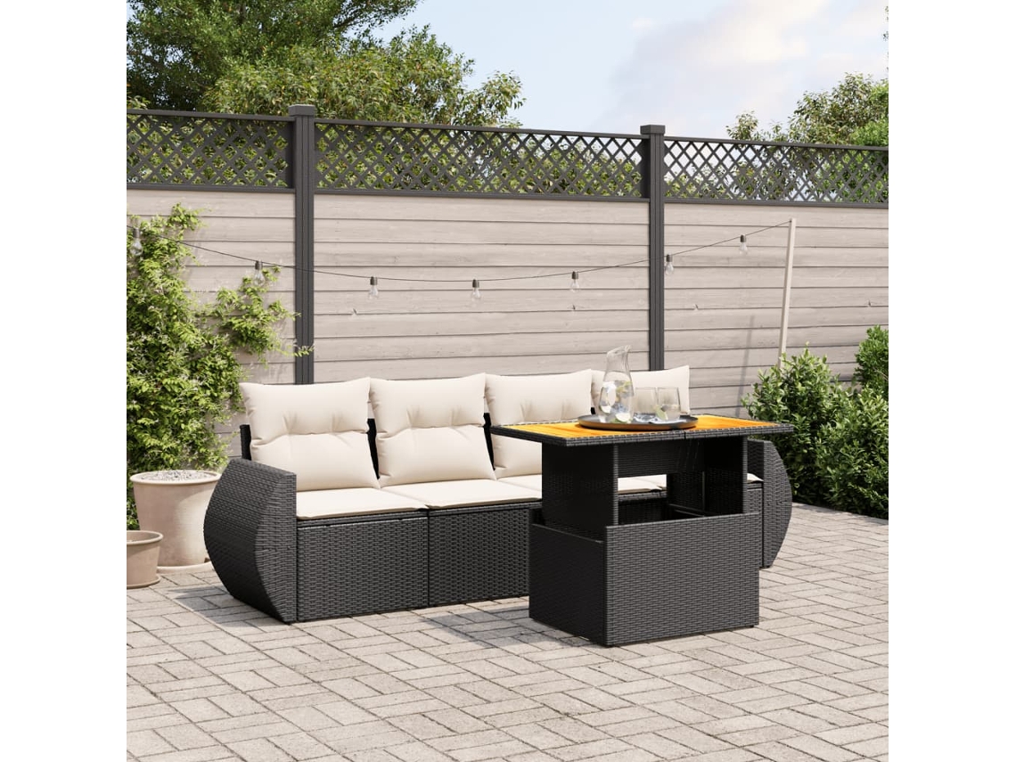 Vidaxl 5 Pcs Conjunto Sofás De Jardim Com Almofadões Vime Pe Preto