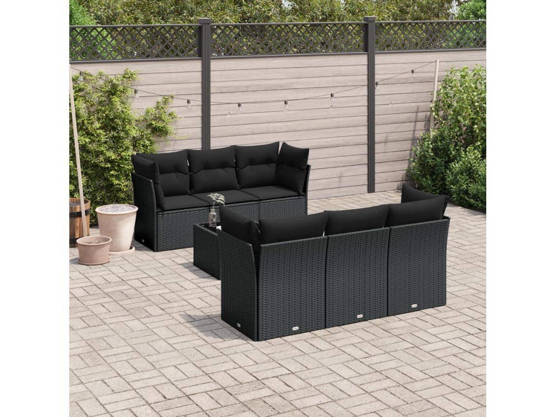 Vidaxl 7 Pcs Conjunto De Sofás P/ Jardim C/ Almofadões Vime Pe Preto
