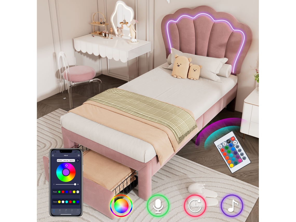 Cama Led 90x190cm, Estofada Rosa Veludo, Com Ripas E Gavetas, Cabeceira Ajustável, App Para Iluminação