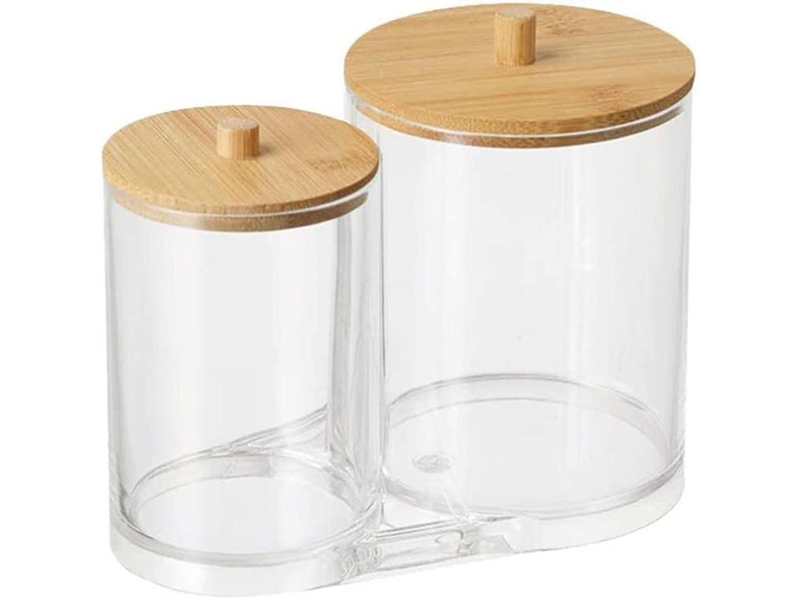 Porta Cotonetes com Tampa de Madeira, Caixa Transparente de Armazenamento para Banheiro e Quarto 15.9x9x13cm
