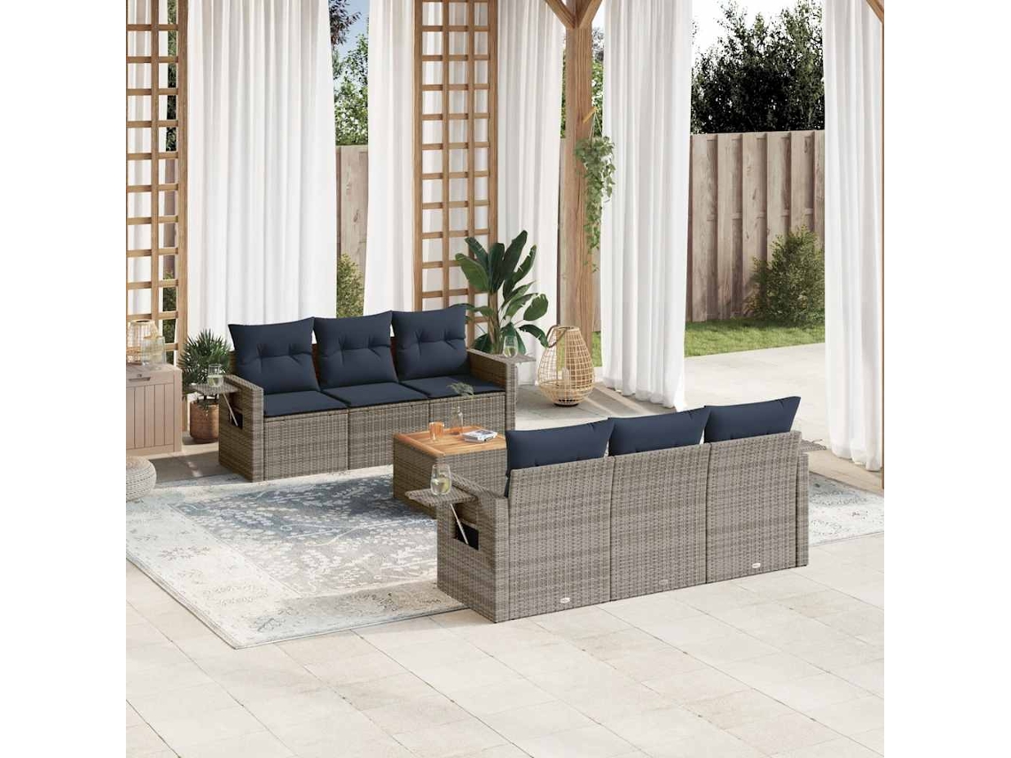 Vidaxl Conjunto De Sofá De Jardim Com 7 Peças E Almofadas Em Rattan Sintético Cinza