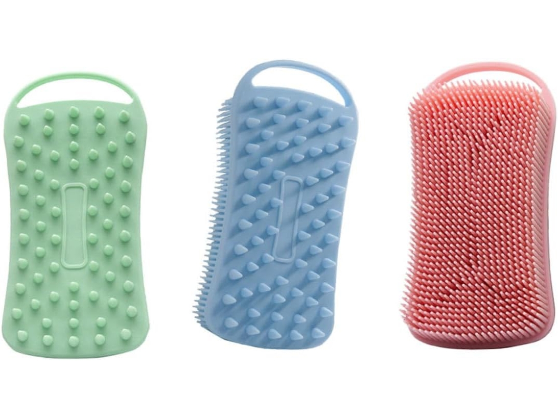 Conjunto De 3 Escovas Banho Silicone Dupla Face Para Lavar Cabelo E Corpo