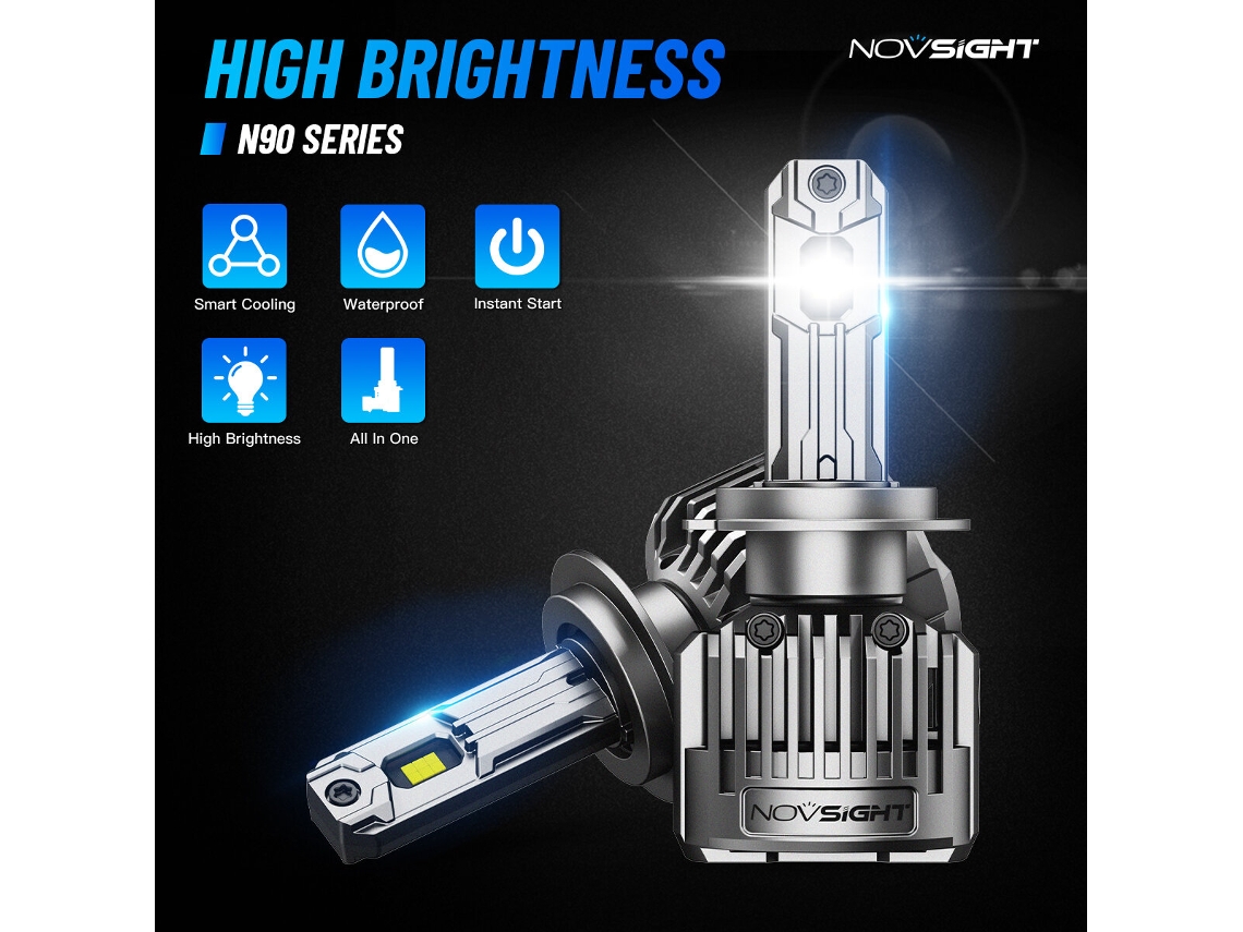 Faróis de LED de alta potência para carros H7-novsight A500-n90 180 W 36.000 lm/par 6500 K Branco Brilhante