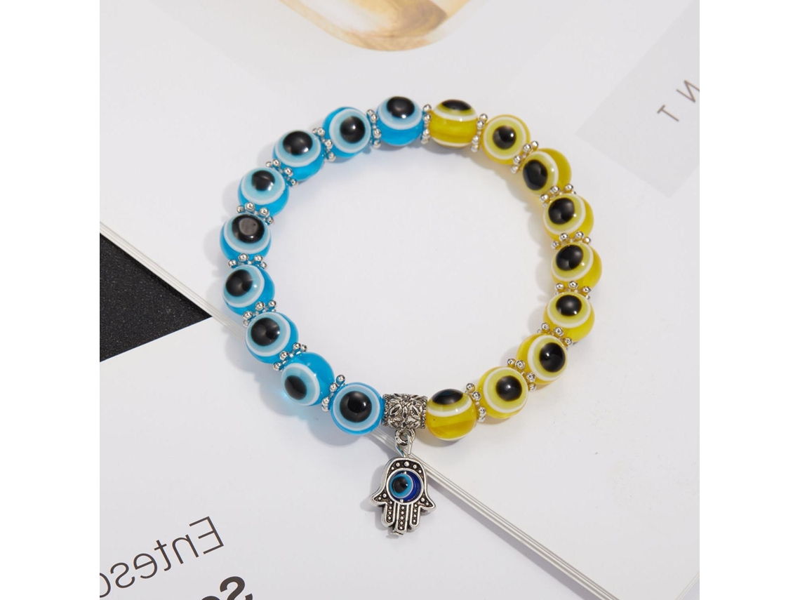 Pulseira olho grego com pingente mão de Hamsa azul e amarela SIURN