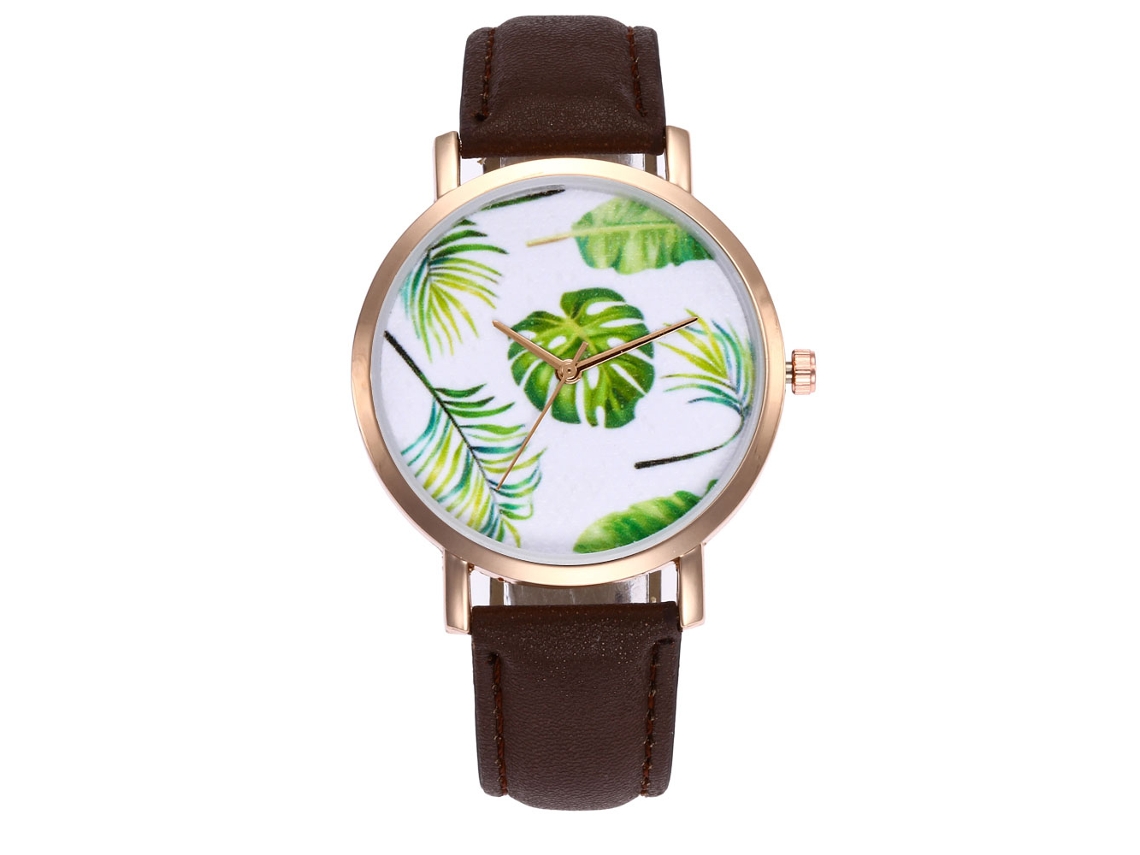 Relógio feminino de quartzo com pulseira de couro PU, mostrador redondo, cor café.