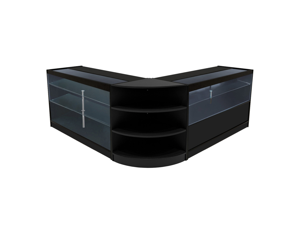 Conjunto de Balcões Comerciais MonsterShop Calliope, Preto, K1500C1500LM60, MDF e Vidro Temperado