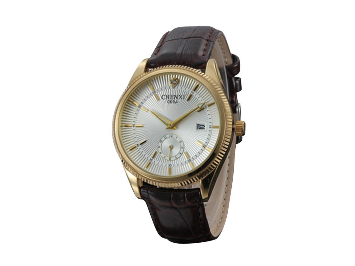 Relógio Masculino de Pulso Redondo de Quartzo com Pulseira de Couro Pu Estilo Empresarial (dourado Branco)