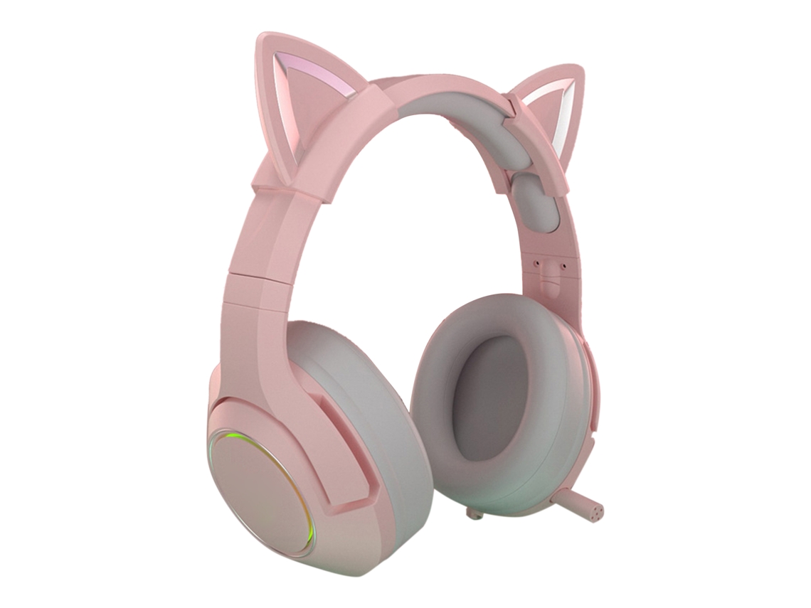 Fone De Ouvido Gamer Com Orelhas De Gato Fofas Rgb Ajustável Com Microfone Rosa Plug 3.5mm Fio