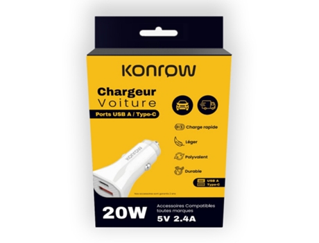 Kcc20acw Adaptateur Allume Cigare 1 Port Usb A 1 Port Usb Type C Charge Rapide 20w, Blanc Konrow (compatible, Blister)