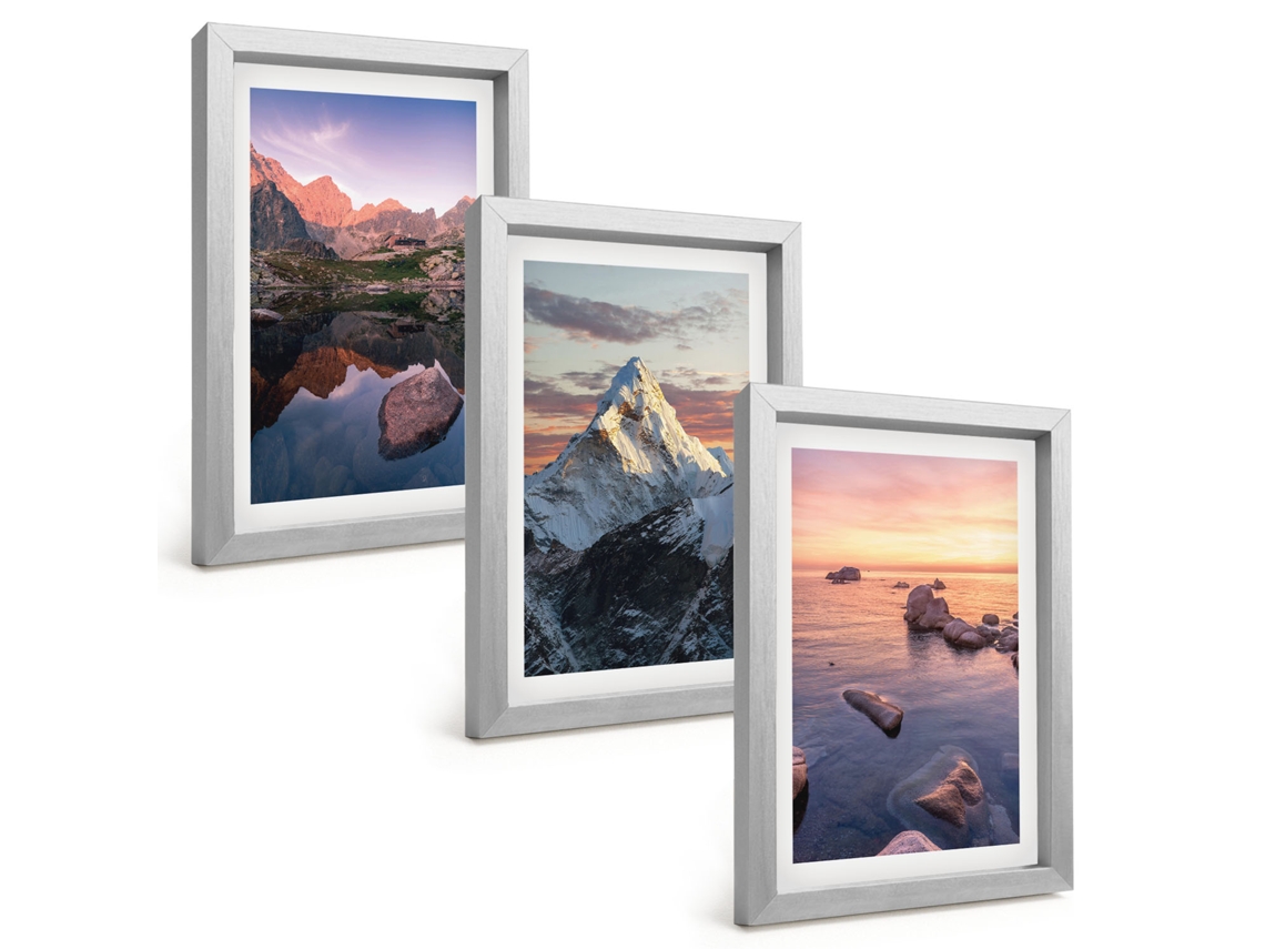 Conjunto De Pinturaspaisagens De Montanha Ao Fundo Moldura Prateada Quadros Para A Sala De Estar Espelharte (3 Peças 20x30 Cm)