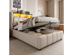 Cama Solteiro 90x200cm Led Usb Armários Armazenamento Hidráulico Bege Linho
