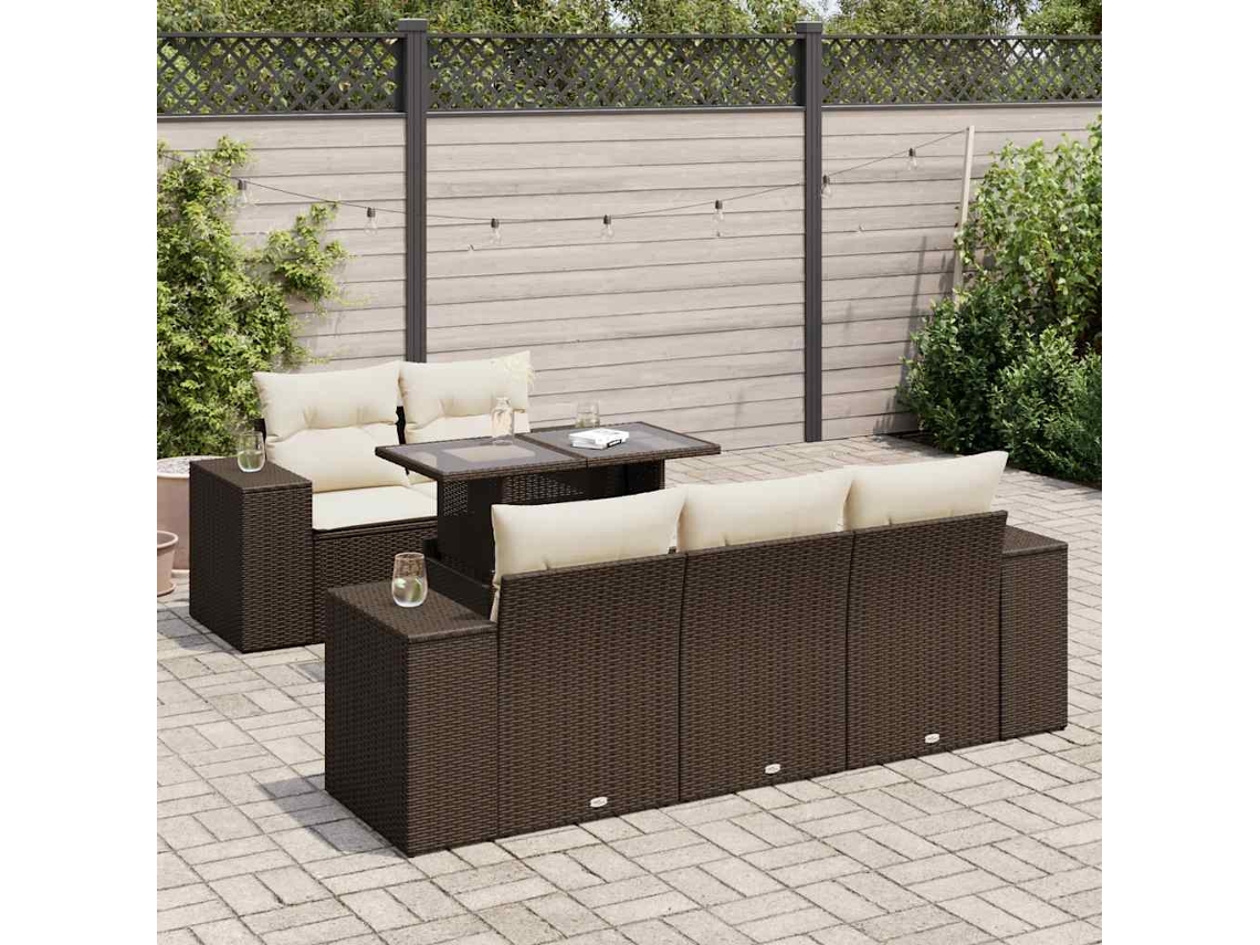 Vidaxl 6 Pcs Conjunto De Sofás Jardim C/ Almofadões Vime Pe Castanho