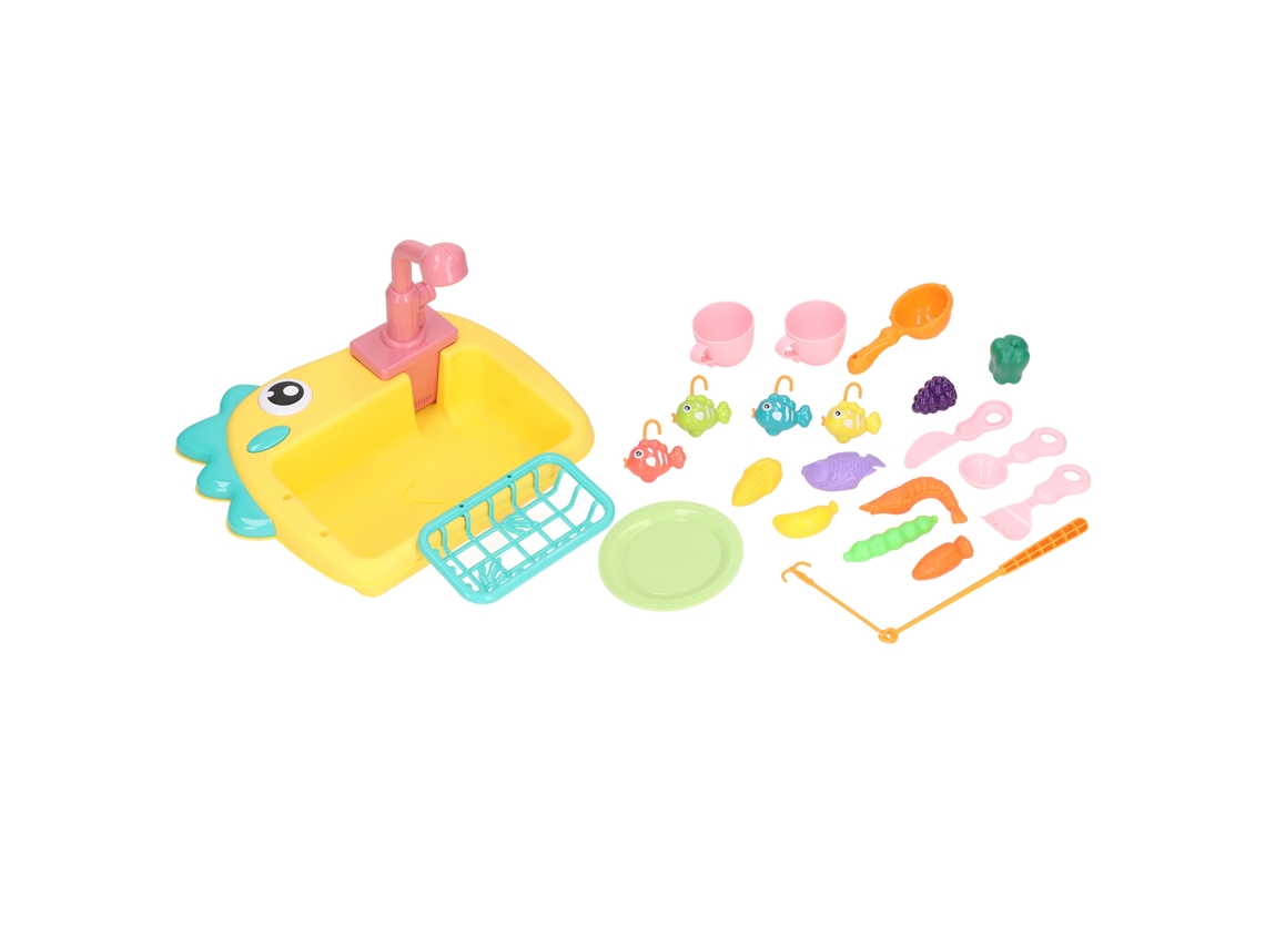 Primerox brinquedo de Pia de Cozinha com Água Corrente e Pesca Dinossauro 2 em 1 Amarelo