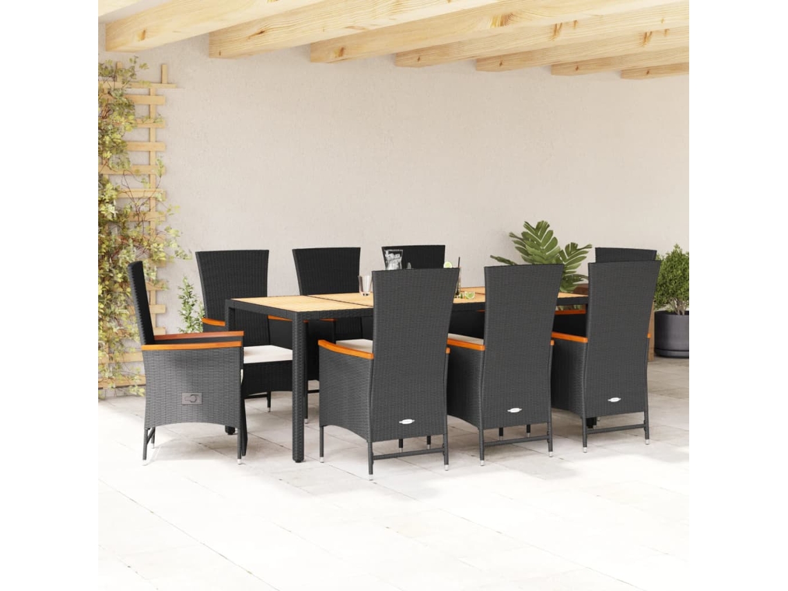 Vidaxl 9 Pcs Conjunto De Jantar P/ Jardim C/ Almofadões Vime Pe Preto