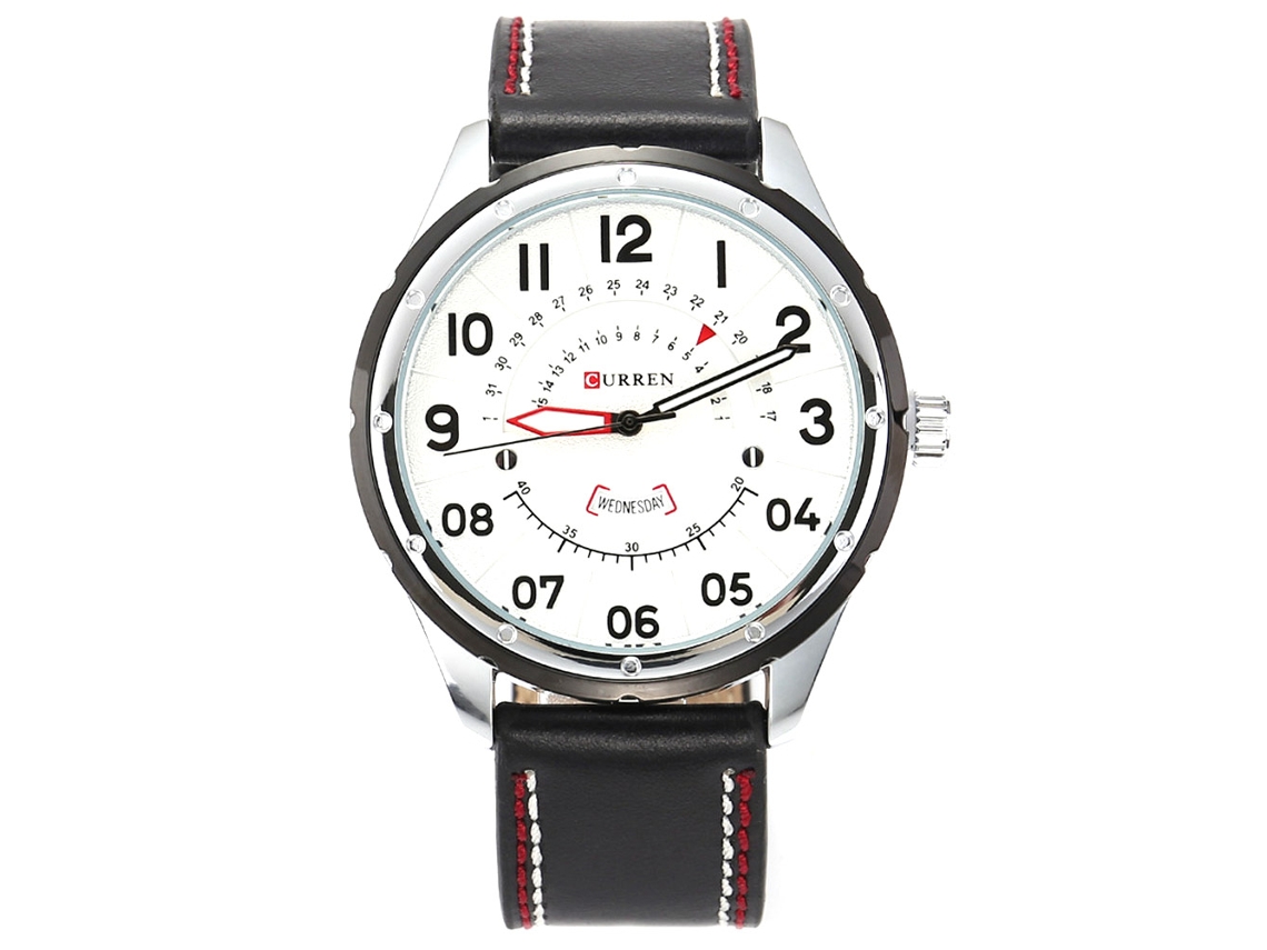 Relógio masculino de quartzo com pulseira de couro PU, à prova d'água, com exibição de data e dia da semana, estilo casual e moderno.