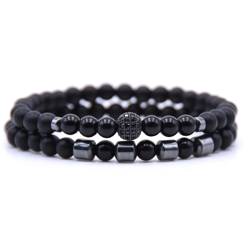 Pulseira Masculina com Contas de Zircônia Preta Cravejadas em Pavé, com 6 Mm de Diâmetro, e Contas de Hematita. MDUG