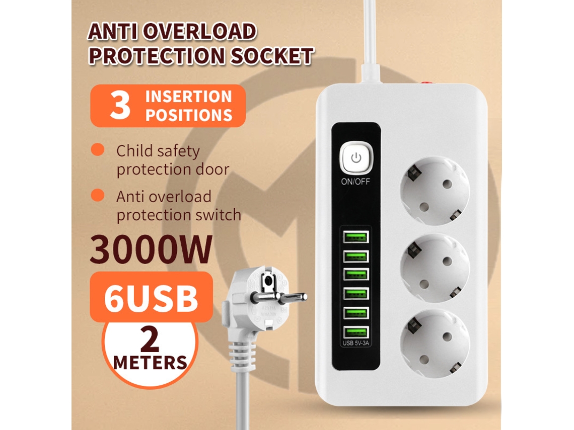 Régua De 3 Tomadas Interface Usb, Fio De Extensão De 2 Metros Com Interruptor (branco) Cuich