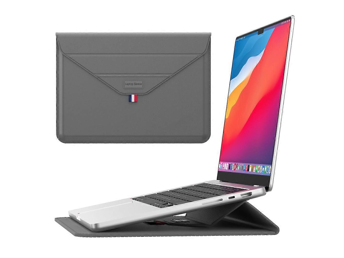 Capa para laptop Hengrongshen de 15 polegadas com suporte, bolsa de armazenamento em couro sintético, envelope fino cinza