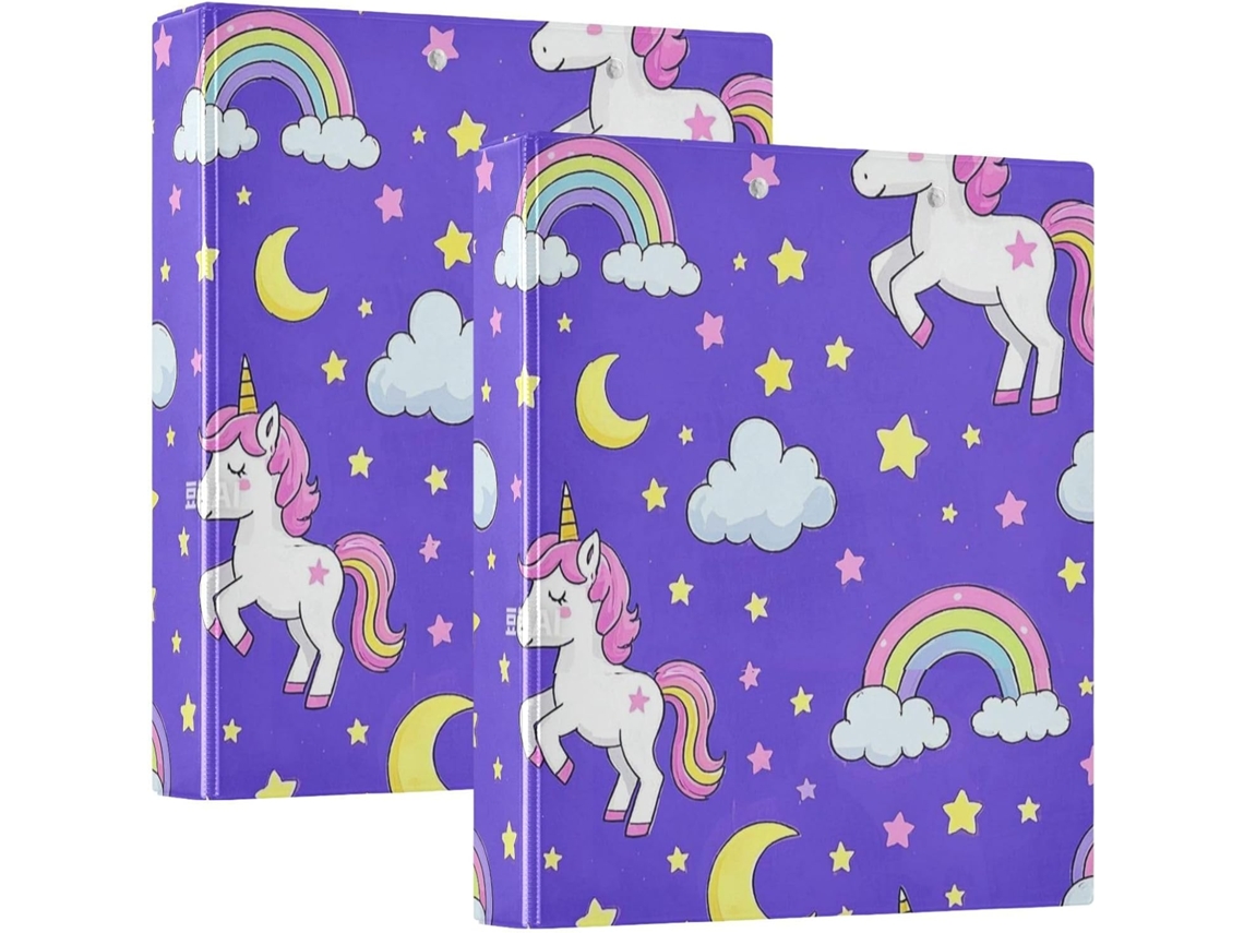 Macarrão escolar com três anéis e sacos, imagem de unicórnios fofinhos em design animado com estrela, Nas Cores Roxo E