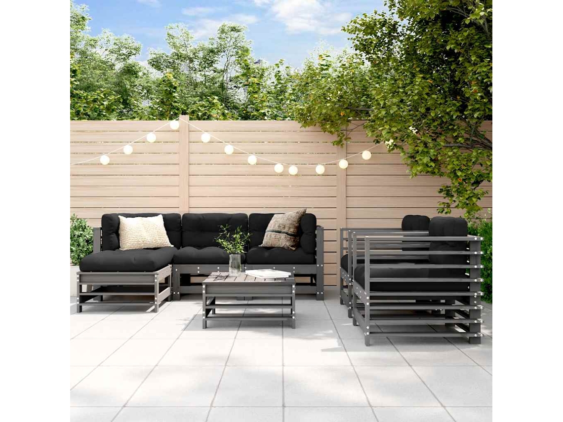 Vidaxl 7 Pcs Conjunto Lounge Jardim C/ Almofadões Madeira Maciça Cinza