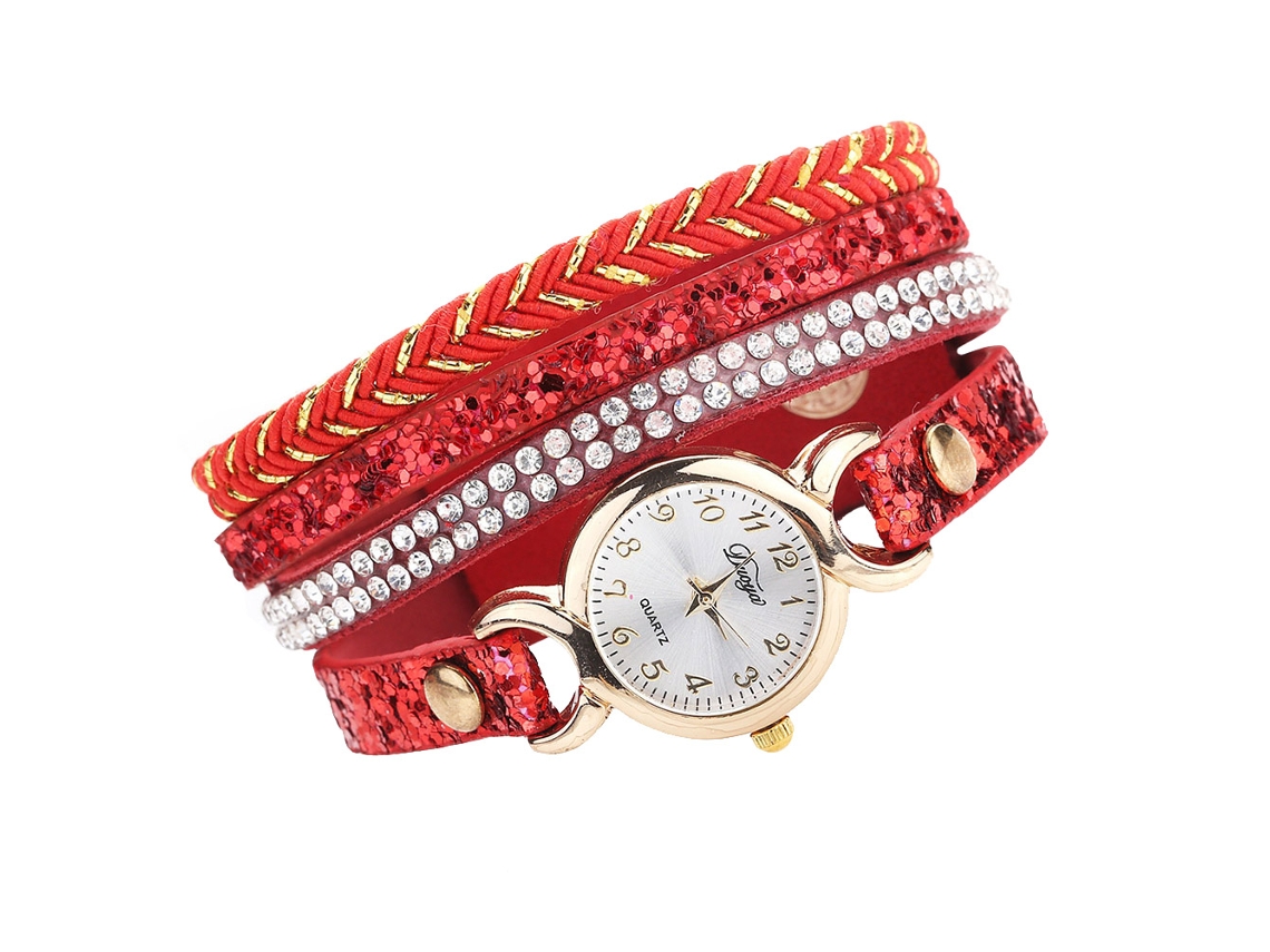 Relógio de Pulso Feminino Fashion de Couro Pu com Strass e Pulseira Tecida Quartz (vermelho)