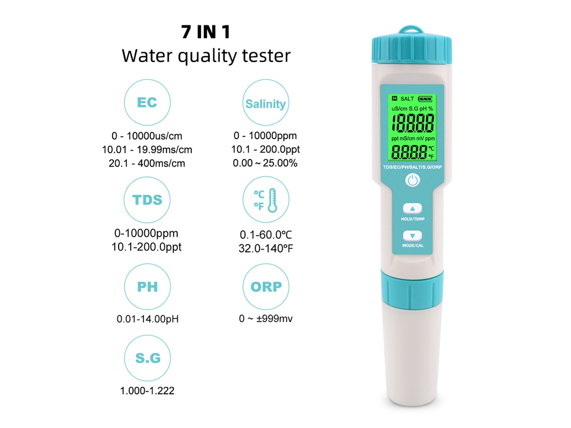 Medidor de Qualidade da Água YURU 7 em 1, pH, TDS, EC, ORP, Salinidade, Temperatura, LCD, IP67 S/MARCA