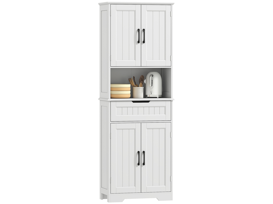 Armário de Cozinha Escandinavo com Armários, Compartimentos Abertos, Portas de Vidro, Branco BTFORUS