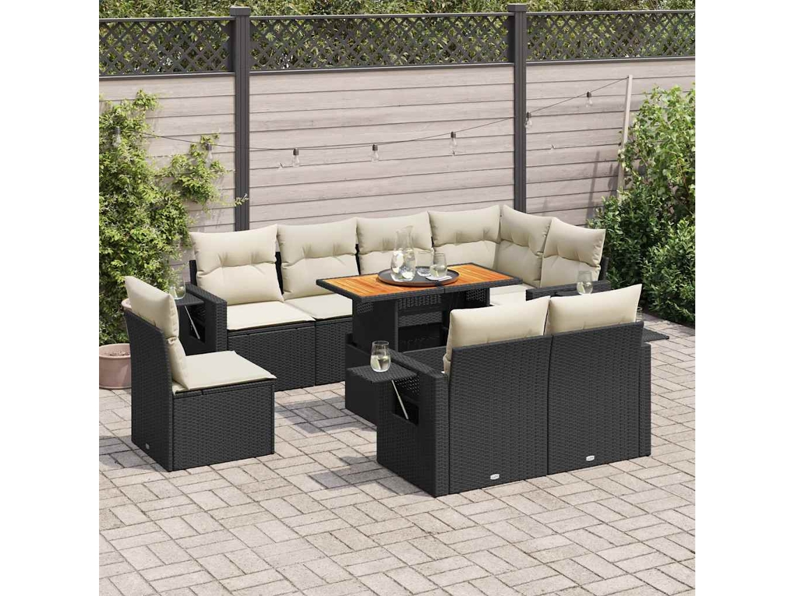 Vidaxl 9 Pcs Conjunto de Sofás P/ Jardim C/ Almofadões Vime Pe Preto