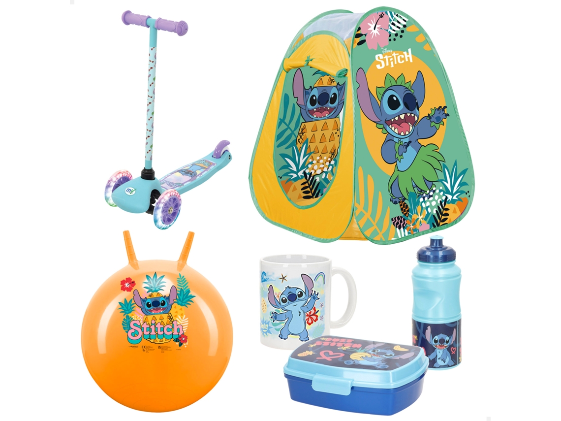 Stitch Pack Infantil Patinete + Tenda Pop Up + Bola Saltitante + Conjunto De Pequeno-almoço Com Caneca, Lancheira E Garrafa