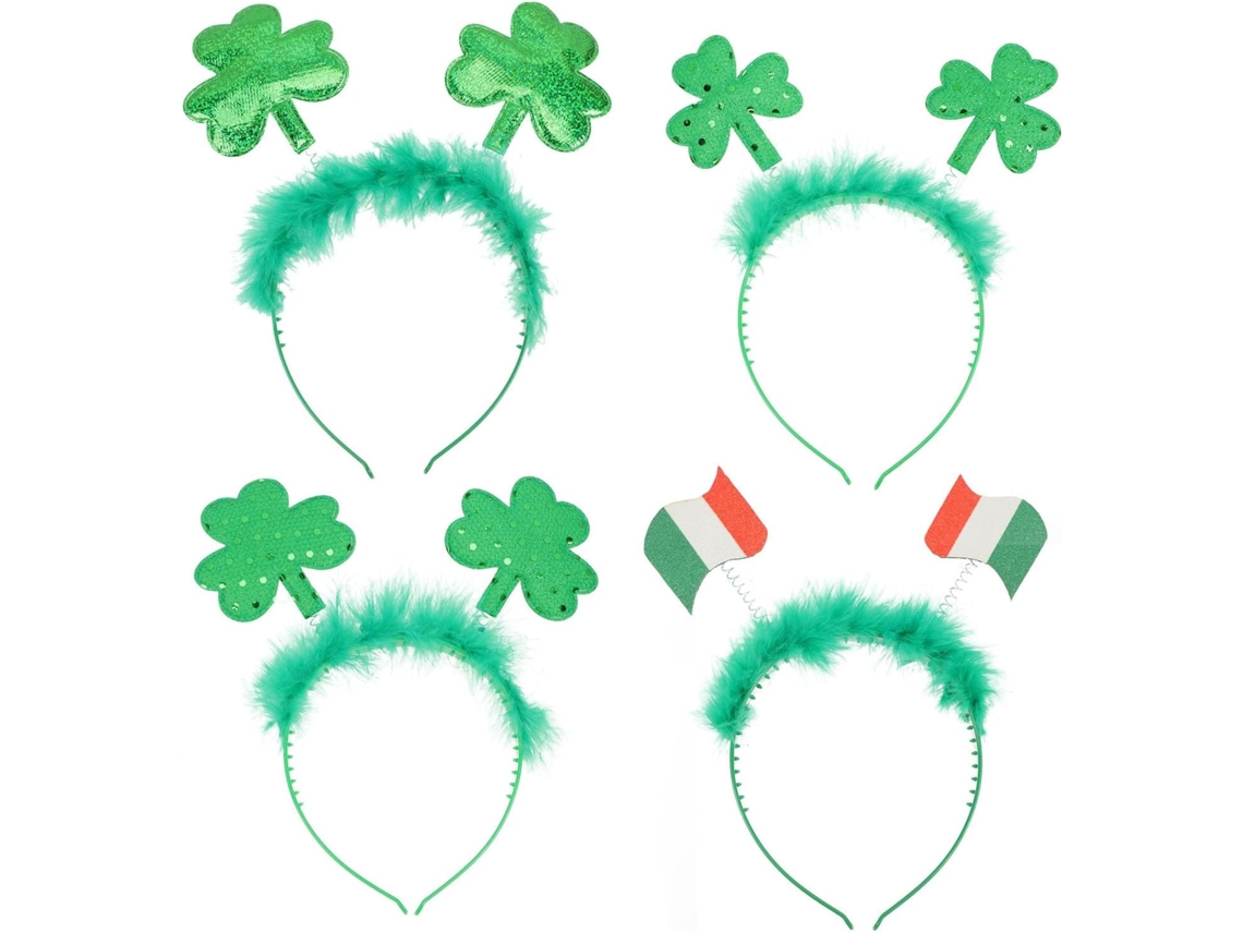 Conjunto de 4 tiaras de plástico verde claro em formato trevo para o Dia de São Patrício.