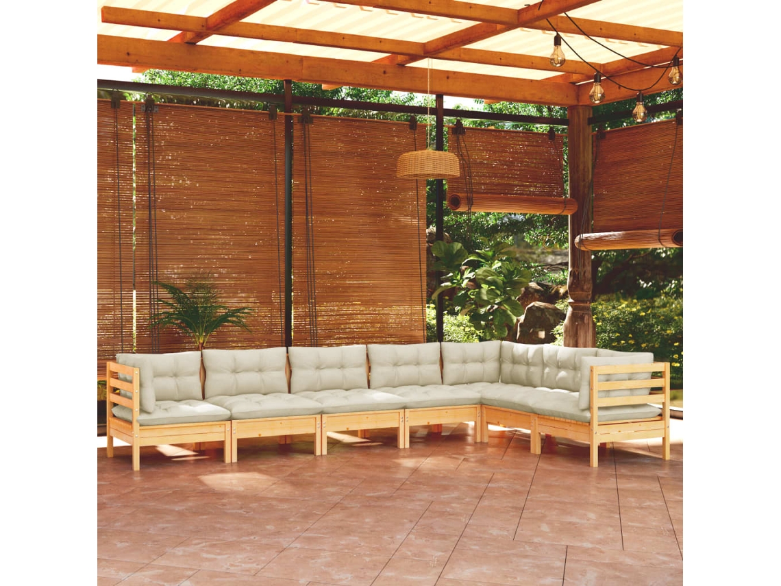 Vidaxl 7 Pcs Conjunto Lounge Jardim C/ Almofadões Creme Pinho Maciço