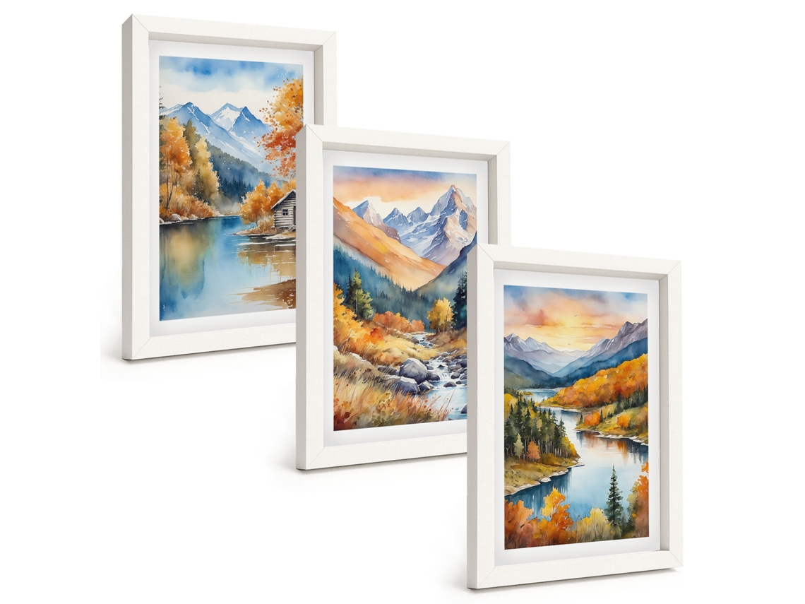 Pinturas Murais Modernas Paisagem De Montanha Com Rio No Outono Moldura Branca Fotos Para O Escritório Espelharte (3 Peças 20x30 Cm)