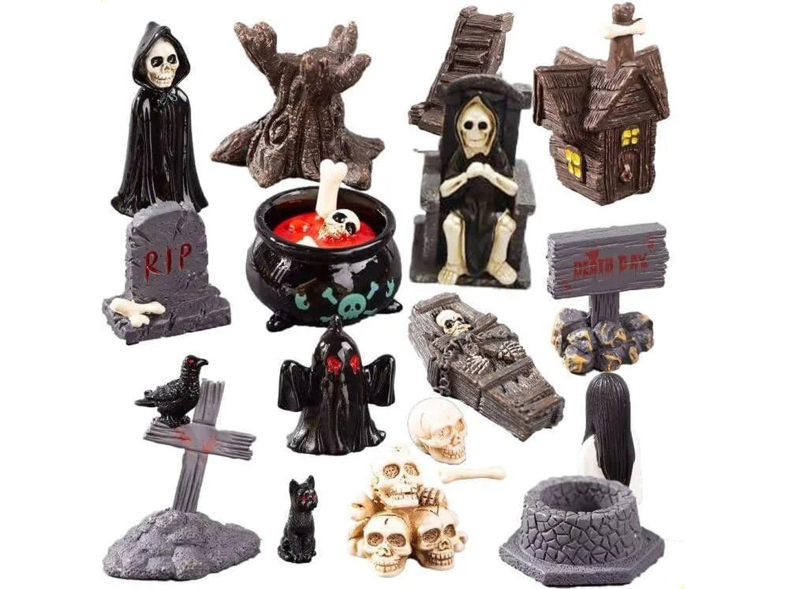 (-Minifiguras de Halloween em formato de lápide de Corvo)