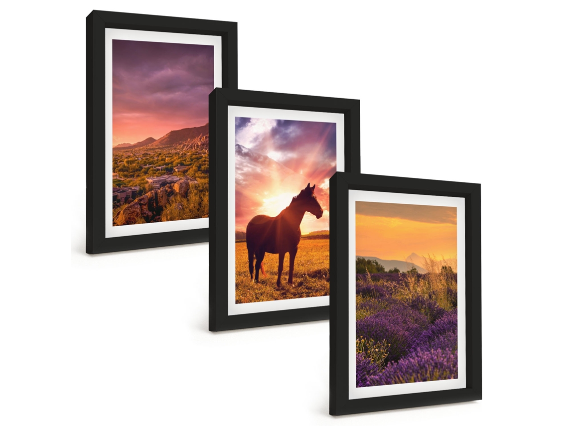 Pinturas Murais Modernas Paisagem De Montanha Com Um Cavalo Moldura Preta Fotos Para O Corredor Espelharte (3 Peças 20x30 Cm)