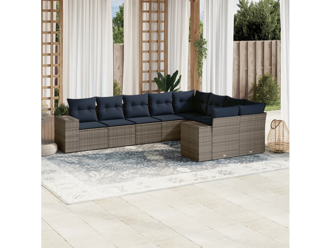 Vidaxl Conjunto De Sofá De Jardim De 9 Peças Com Almofadas Em Rattan Sintético Cinza