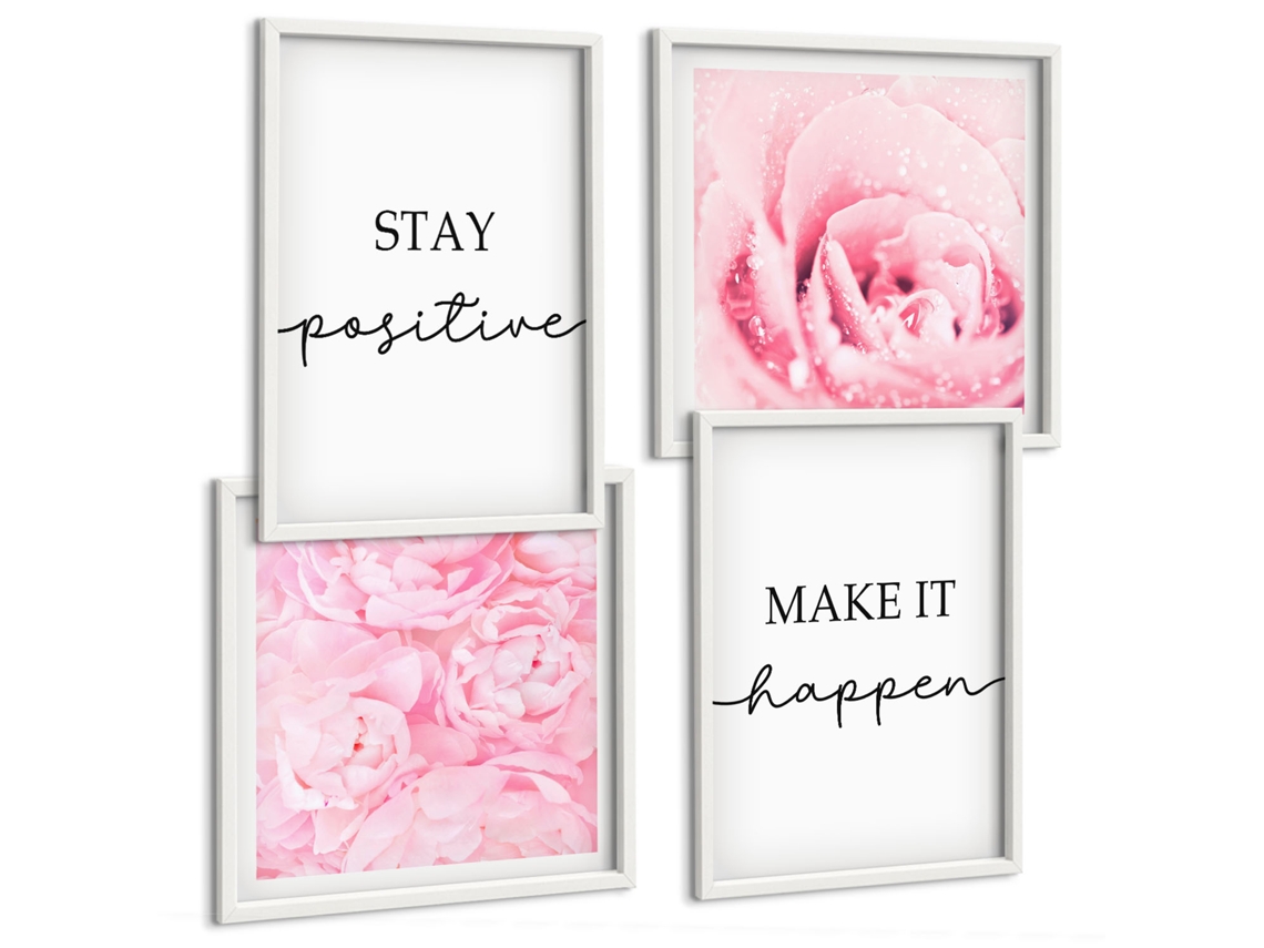 Composição De Quadros Frases Motivacionais Com Flores Espelharte (4 Peças)