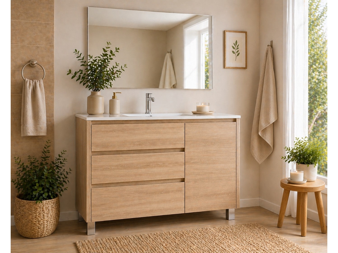 Móvel De Casa De Banho Com 3 Gavetas, Porta E Lavatório Origenbath Volum Sem Espelho 90x45 Cm Estepa