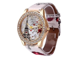 Relógio Feminino Com Pulseira De Couro Estampada Com Torre Eiffel E Corações, Movimento Quartzo.
