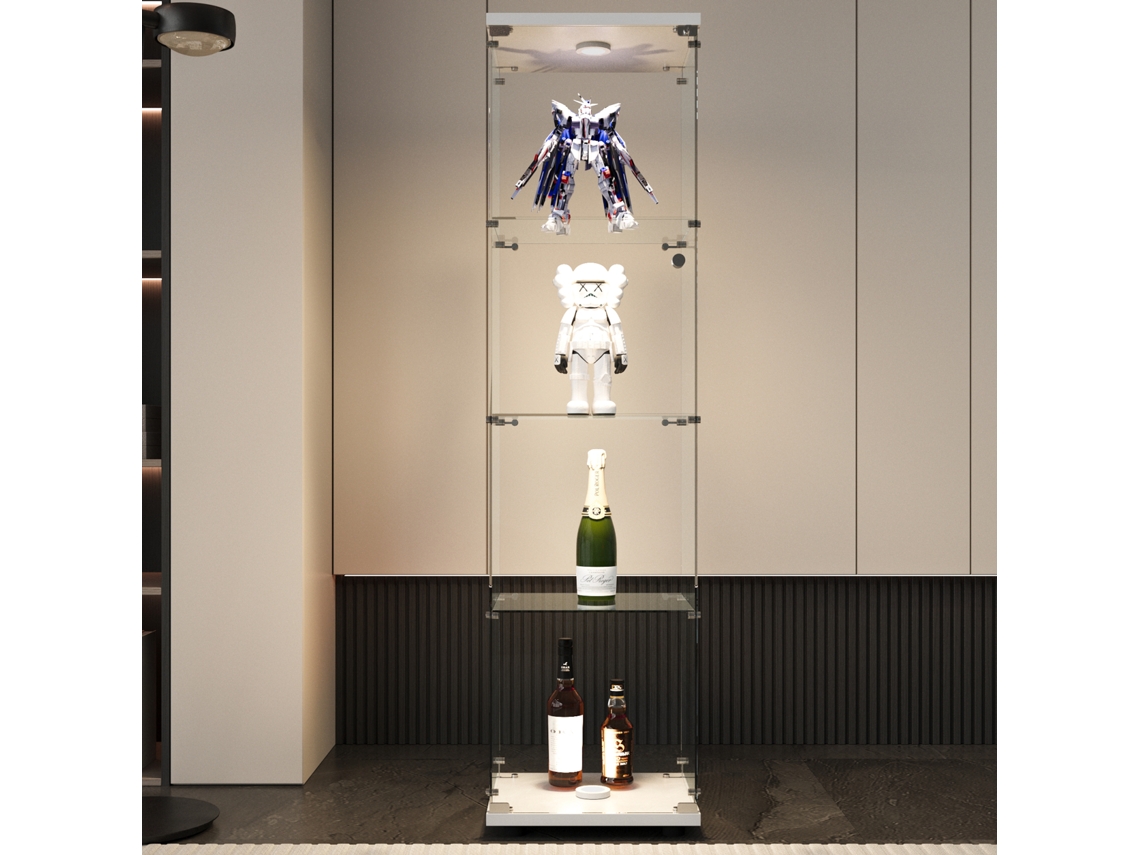 Vitrine De Vidro Temperado Branca Independente Com Led E Fechadura,4 Níveis Para Coleções Sala De Estar,164×42,5×36,5cm