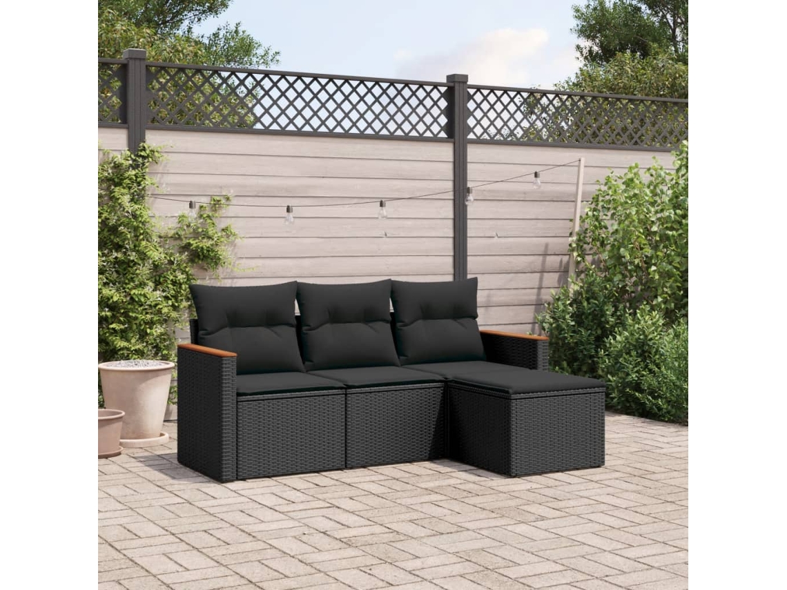 Vidaxl 4 Pcs Conjunto De Sofás Para Jardim C/ Almofadões Vime Pe Preto
