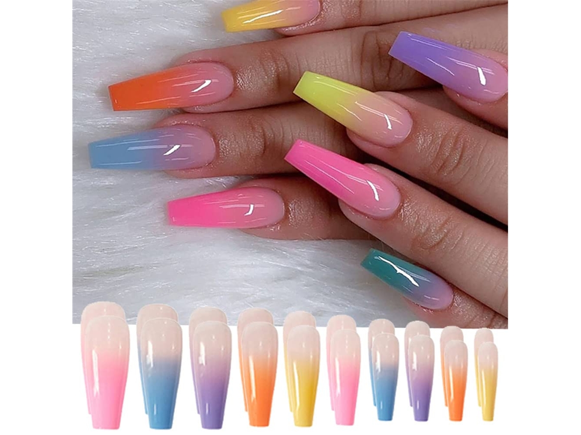 Conjunto de 2 Peças de Tips para Unhas Modelo B3 em Gradiente de Arco-Íris e Estilo Bailarina Super Longo com Gel