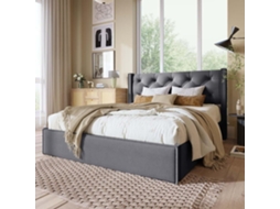 Cama Com Arrumação Estofada 140x200 Cm Em Tecido De Algodão - Com Estrado De Ripas - Cinzento